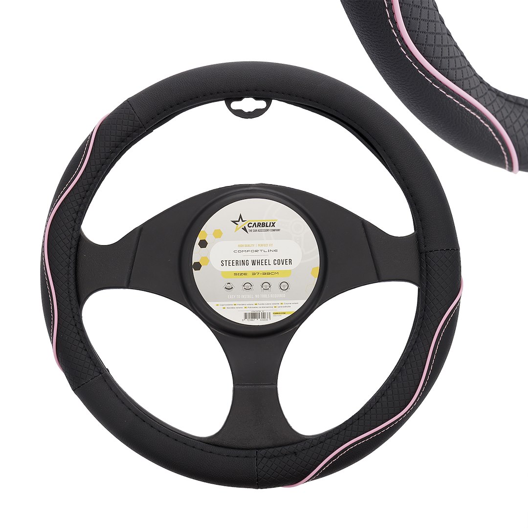 Steering wheel cover 37-39 cm, genuine leather, black and pink