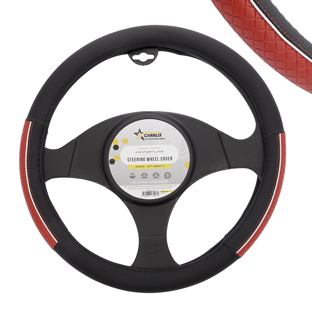 Steering wheel cover 37-39 cm, genuine leather, black and red