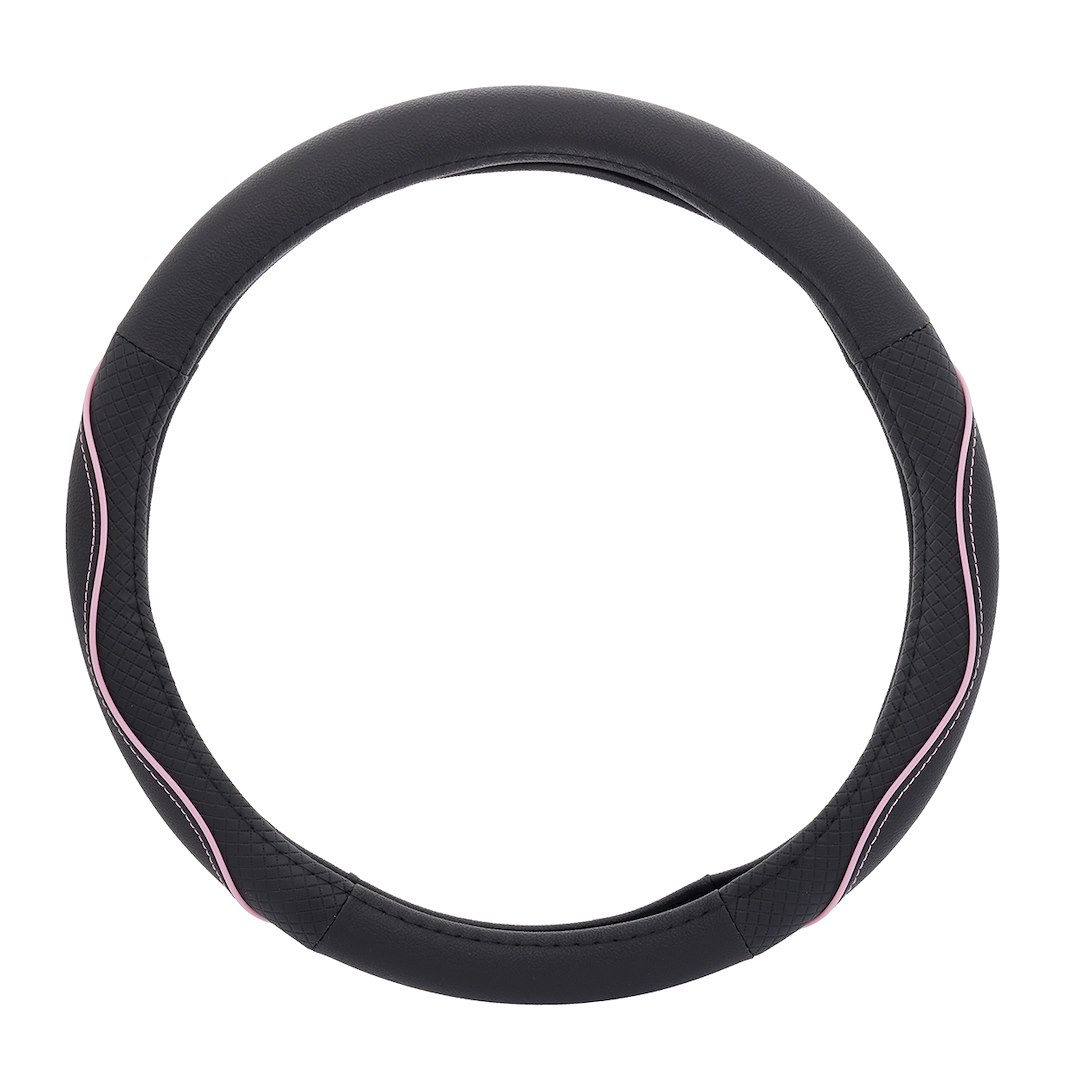 Steering wheel cover 37-39 cm, genuine leather, black and pink