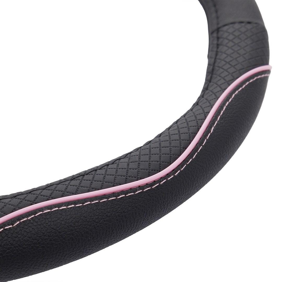 Steering wheel cover 37-39 cm, genuine leather, black and pink