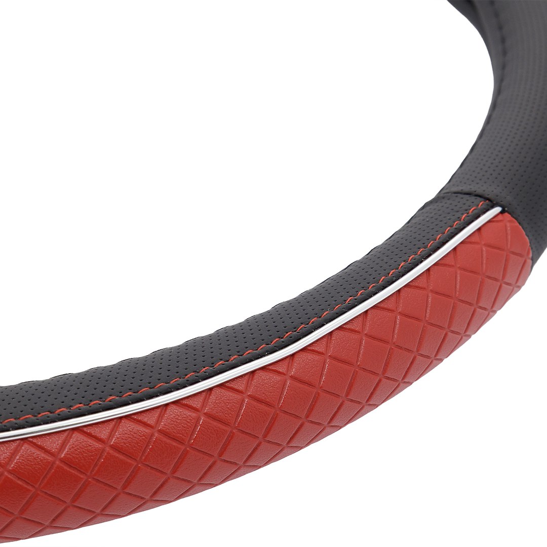 Steering wheel cover 37-39 cm, genuine leather, black and red