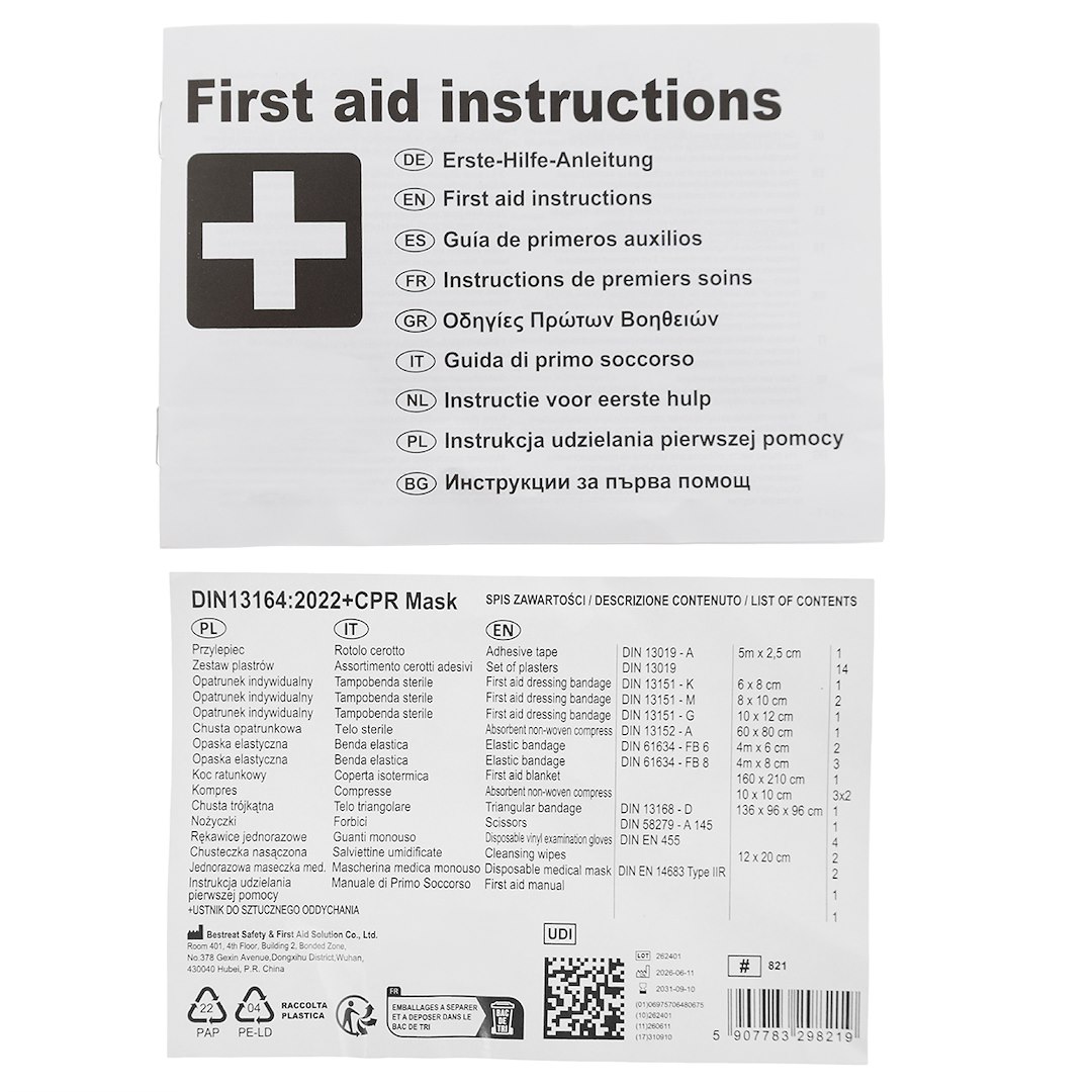 First aid kit DIN 13164 with mouthpiece