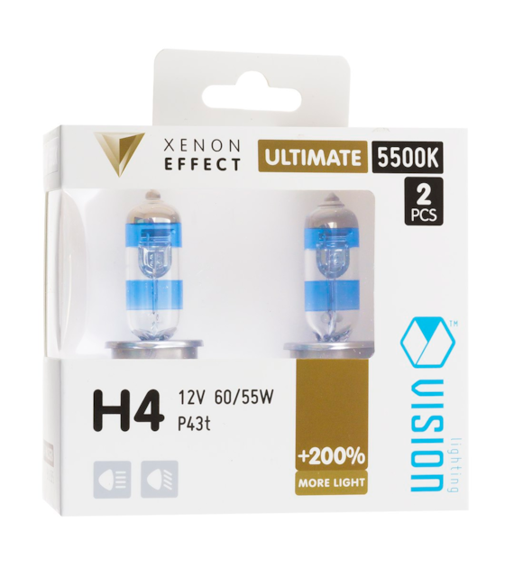 Bulbs VISION ultimate white H4 12V 60/55W P43t +200%, 2 pcs