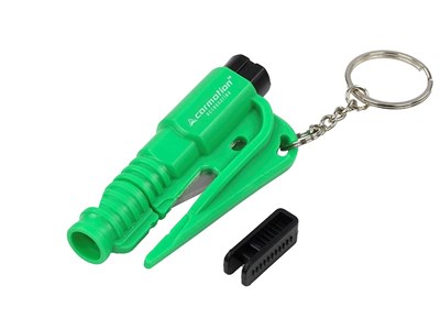 Key ring with safety hammer and belt knife