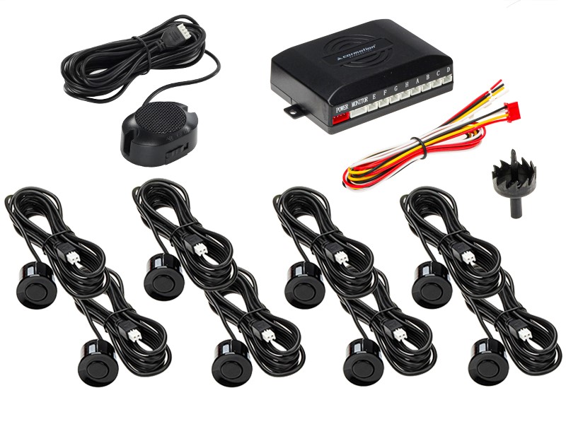 Parking assistance system with loudspeaker, 8 black sensors - front and rear