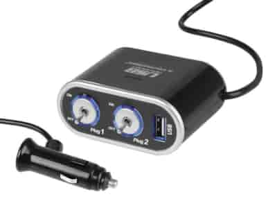 2-socket cigarette lighter splitter 12/24V switches, USB 1000 mA