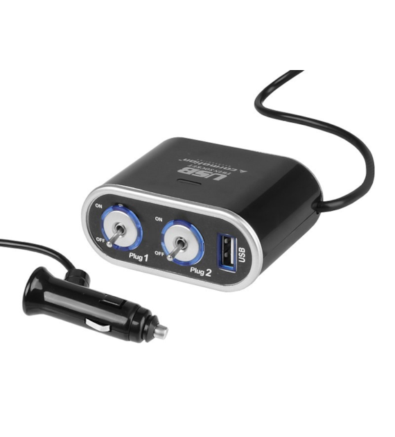 2-socket cigarette lighter splitter 12/24V switches, USB 1000 mA
