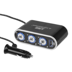 Rozgałęziacz zapalniczki potrójny 12/24V włączniki, USB 1000 mA