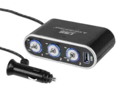 3-socket cigarette lighter splitter 12/24V switches, USB 1000 mA