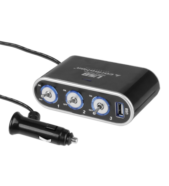 3-socket cigarette lighter splitter 12/24V switches, USB 1000 mA
