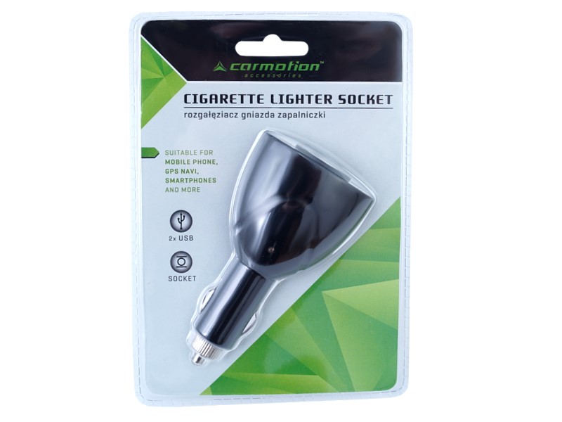 Charger/adapter for cigarette lighter 12/24V, 2x USB 1000 mA + EURO socket