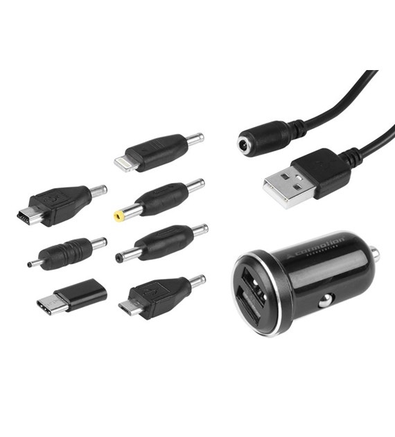 Ładowarka uniwersalna 2x USB 3.4A + kabel 120 cm + 7 końcówek, czarna