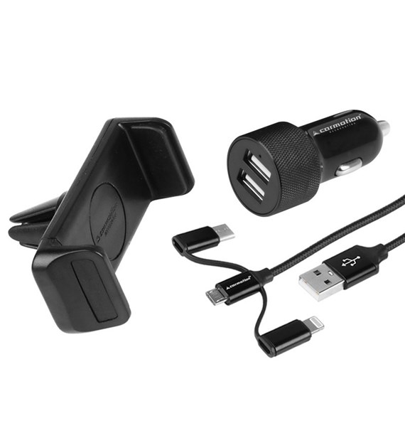 Reiseset: 2x USB 3.1A Ladegerät + 3in1 Kabel: Micro USB / Lightning / USB-C + Klemmhalter für Lufteinlass
