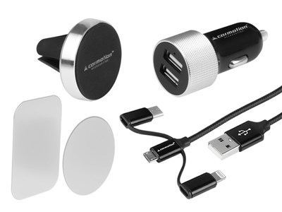 Kit de voyage : 2x chargeur USB 3.1A + câble 3en1 : micro USB / Lightning / USB-C + support magnétique pour l'entrée d'air