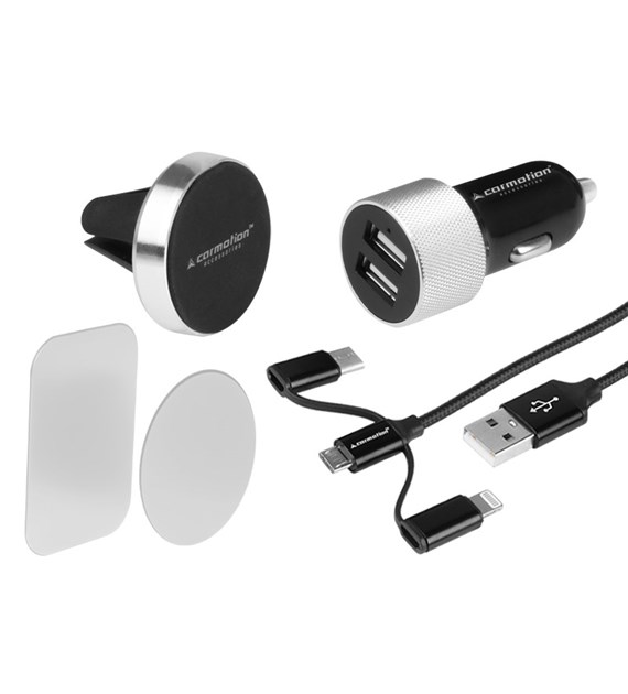 Kit de voyage : 2x chargeur USB 3.1A + câble 3en1 : micro USB / Lightning / USB-C + support magnétique pour l'entrée d'air