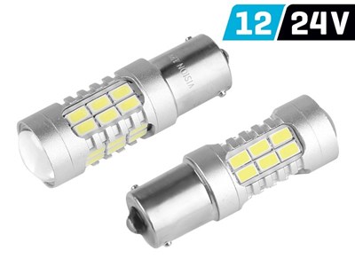 Bulb VISION P21W BA15s 12/24V 27x 5730 SMD LED, with lens, CANBUS, white, 2 pcs 