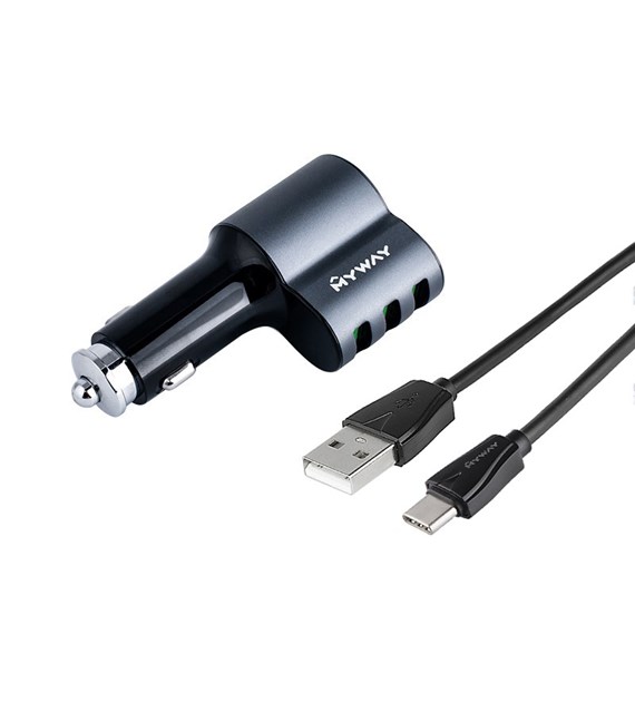 Charger  12/24V 3x USB Auto-ID max 5.1A with cigarette lighter socket + USB cable> USB-C