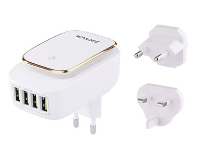Mains charger  4x USB 4.4A, with LED light + adapters - plugs for EU, UK and USA sockets