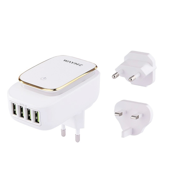 WAYME Ładowarka sieciowa 4x USB 4.4A z dotykową lampką LED + adaptery - wtyczki do gniazd EU, UK i USA