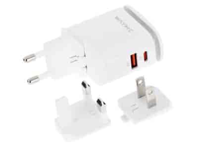 WAYME Chargeur secteur 25W USB-C PD + QC3.0 avec lampe LED tactile + adaptateurs - fiches pour prises UE, UK et US