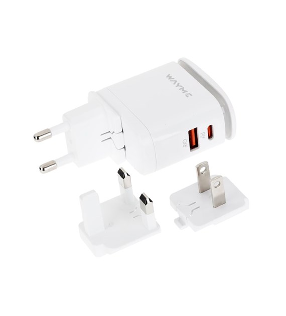 WAYME 25W USB-C PD + QC3.0 mains charger with touch LED lamp + adapters - plugs for EU, UK and US sockets