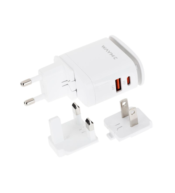 WAYME Chargeur secteur 25W USB-C PD + QC3.0 avec lampe LED tactile + adaptateurs - fiches pour prises UE, UK et US