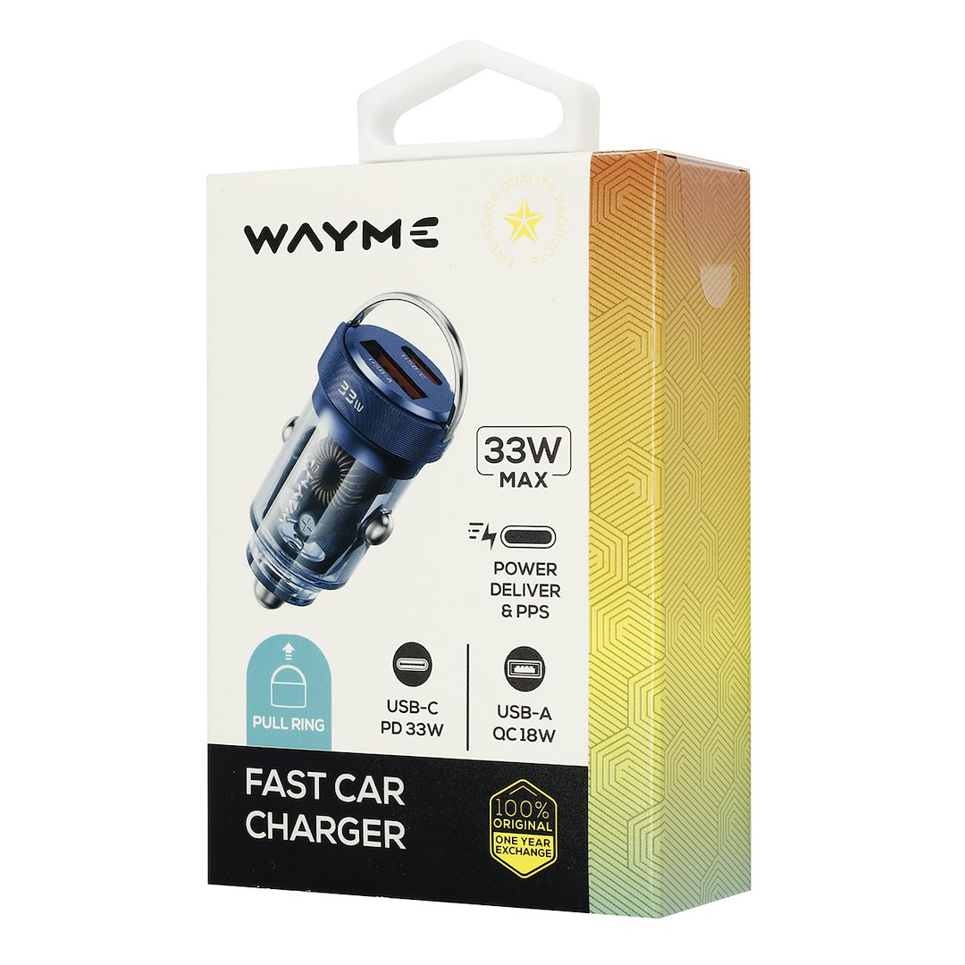 WAYME Charger 12/24V, USB 18W + USB-C PD 33W, with ring, transparent blue