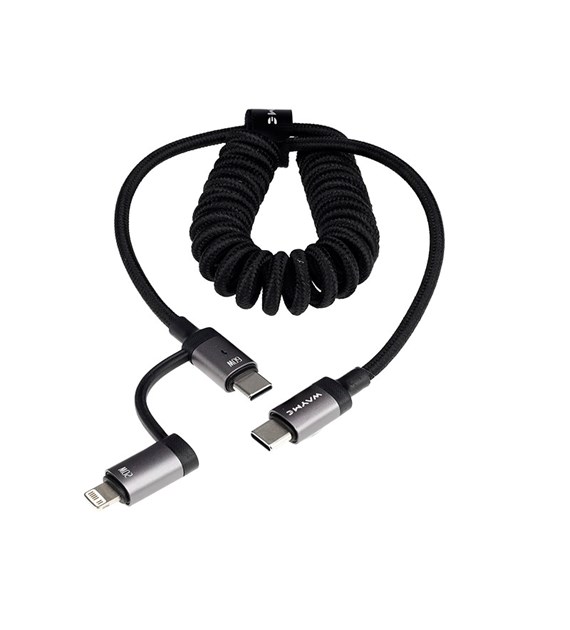 WAYME Câble de chargement et de synchronisation, tressé en microfibre, spiralé, 50 - 150 cm, USB-C > USB-C / Lightning, max 60W