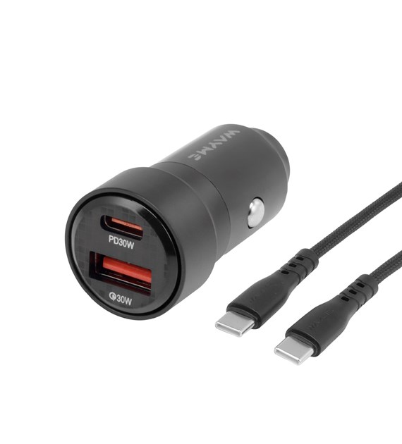 WAYME Charger 12/24V, USB 30W + USB-C PD 30W + USB-C > USB-C 100 cm cable, max 60W