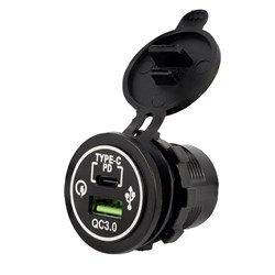 Ładowarka do zabudowy USB-C PD 30W + USB QC3.0 18W + przewody 60 cm, zasilanie 12/24V