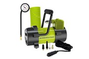 Kompresor powietrza tłokowy 12V, 10 BAR, wąż spiralny 400 cm z analogowym ciśnieniomierzem, 4 adaptery