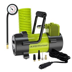 Kompresor powietrza tłokowy 12V, 10 BAR, wąż spiralny 400 cm z analogowym ciśnieniomierzem, 4 adaptery