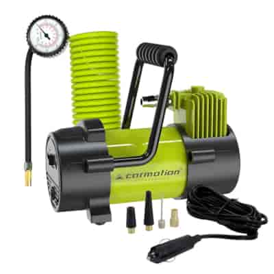 Piston air compressor 12V, 10 BAR, 40L / min, spiral hose 400 cm with analog pressure gauge, 4 adapters