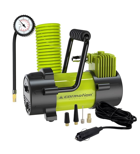 Kompresor powietrza tłokowy 12V, 10 BAR, wąż spiralny 400 cm z analogowym ciśnieniomierzem, 4 adaptery