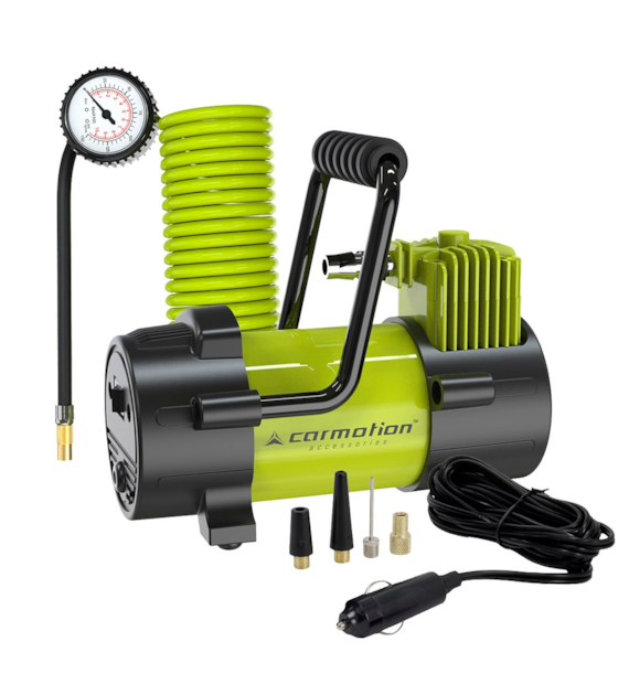 Piston air compressor 12V, 10 BAR, 40L / min, spiral hose 400 cm with analog pressure gauge, 4 adapters