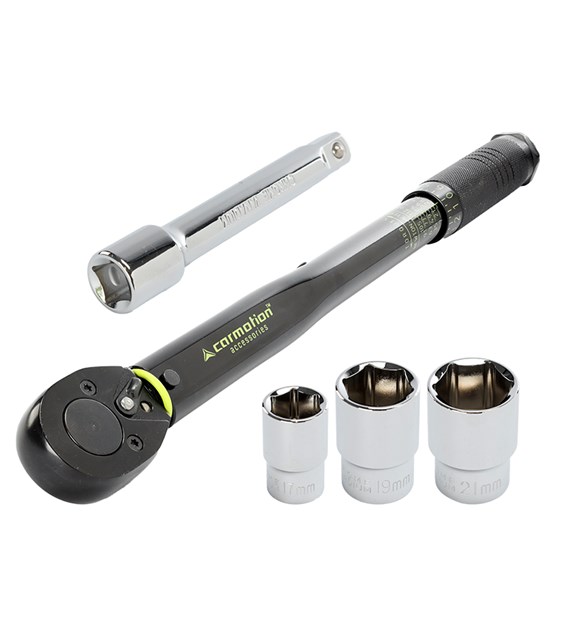 Torque wrench 28-210 Nm, 1/2  + sockets 17, 19 and 21 mm + extension 125 mm, calibration certificate