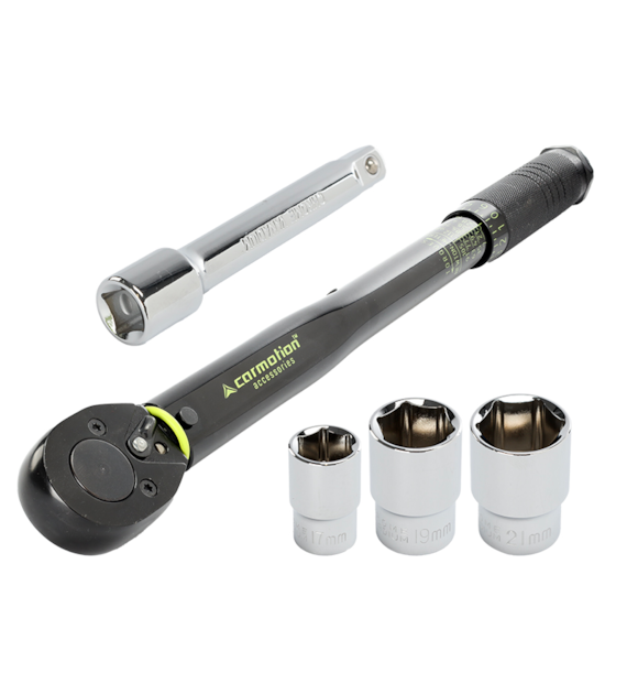 Drehmomentschlüssel 28-210 Nm, 1/2  + Steckschlüsseleinsätze 17, 19 und 21 mm + Verlängerung 125 mm, Kalibrierzertifikat