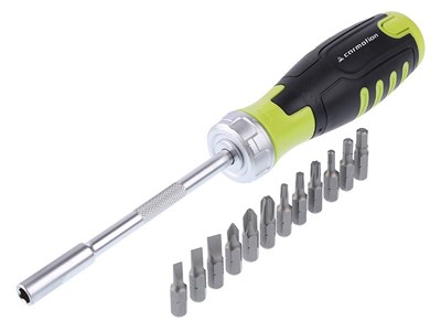 Ratchet screwdriver with 12 bits, storage in handle
