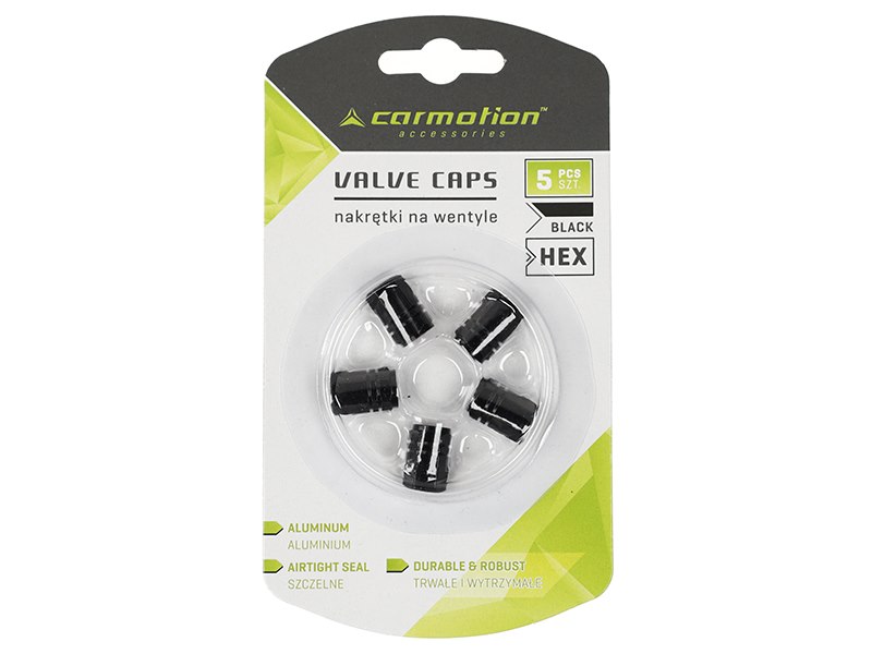 Valve caps, aluminum hexagonal, 5 pcs., black