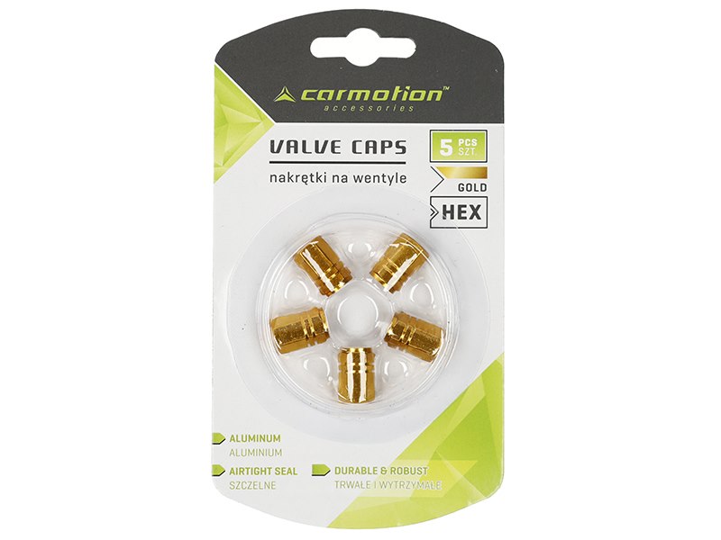 Valve caps, aluminum hexagonal, 5 pcs, golden