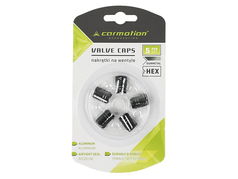 Valve caps, aluminum hexagonal, 5 pcs., gunmetal color
