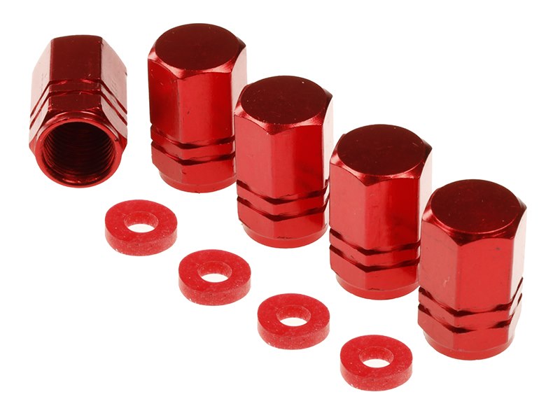 Valve caps, aluminum hexagonal, 5 pcs, red