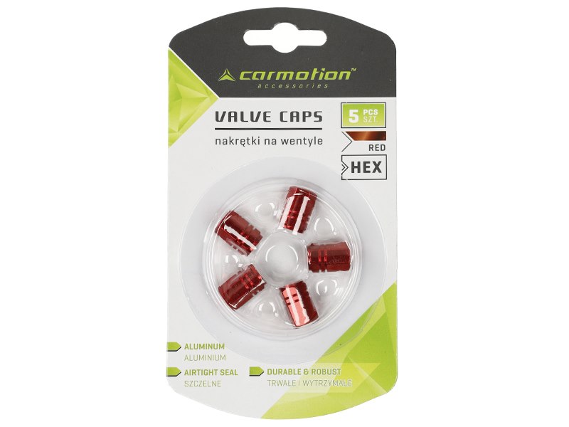 Valve caps, aluminum hexagonal, 5 pcs, red