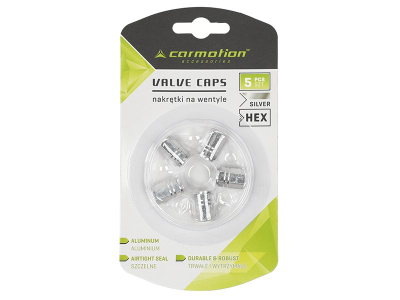 Valve caps, aluminum hexagonal, 5 pcs., silver