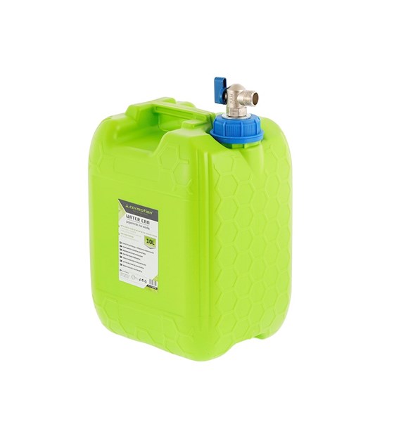 Water canister with metal top tap valve in threaded cap, 10 L