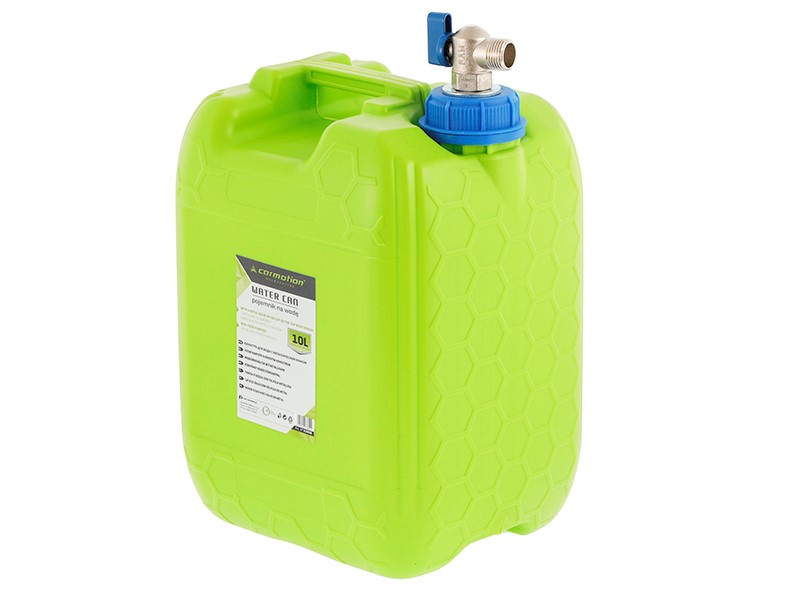 Water canister with metal top tap valve in threaded cap, 10 L