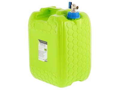 Water canister with metal top tap valve in threaded cap, 20 L