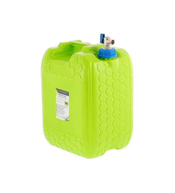 Water canister with metal top tap valve in threaded cap, 20 L