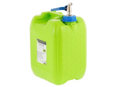 Water canister with long metal tap valve in cap, 10 L