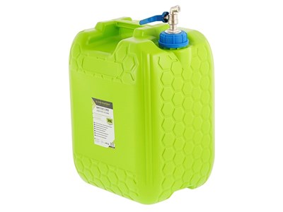 Water canister with long metal tap valve in cap, 20 L